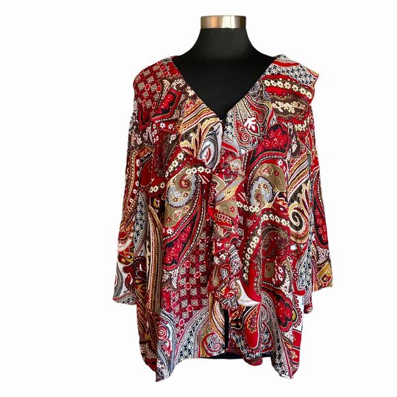 Dressbarn Burgundy Gold Paisley Print Ruffled Collar Chiffon Blouse Size 2X Fall - Picture 1 of 10